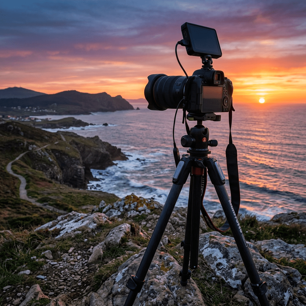 DSLR camera on tripod photographing a sunset over the ocean and rocky coastline